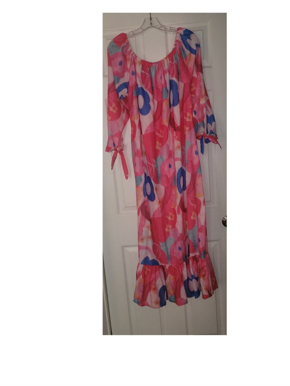 Pink Floral Maxi Dress with Blue Accents, Scoop Neck & Tie Sleeves